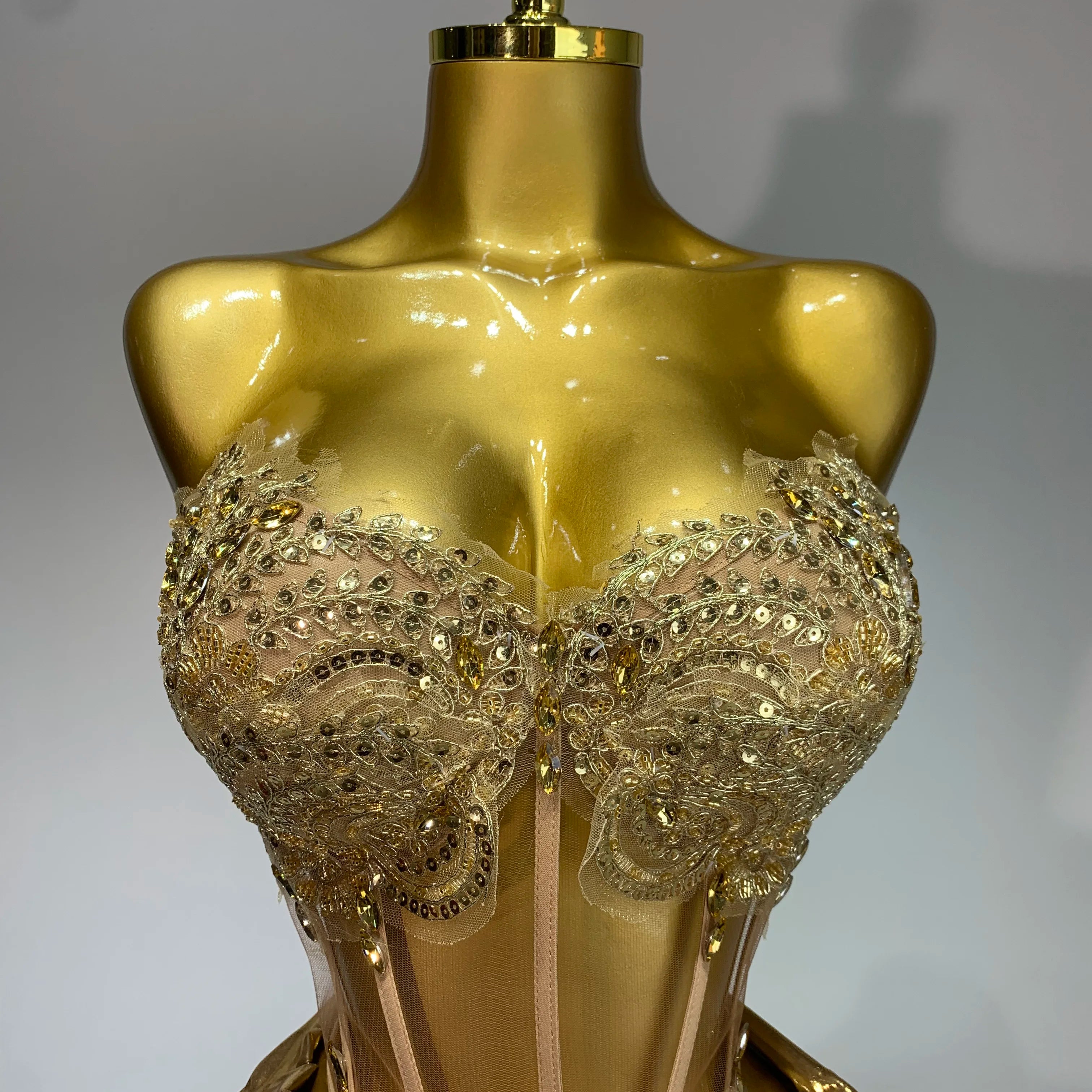 Women Sexy Strapless Sequins Rhinestone Gold Dress Glitter Top Two Pieces Sets Birthday Evening Party Club Singer Stage Outfit