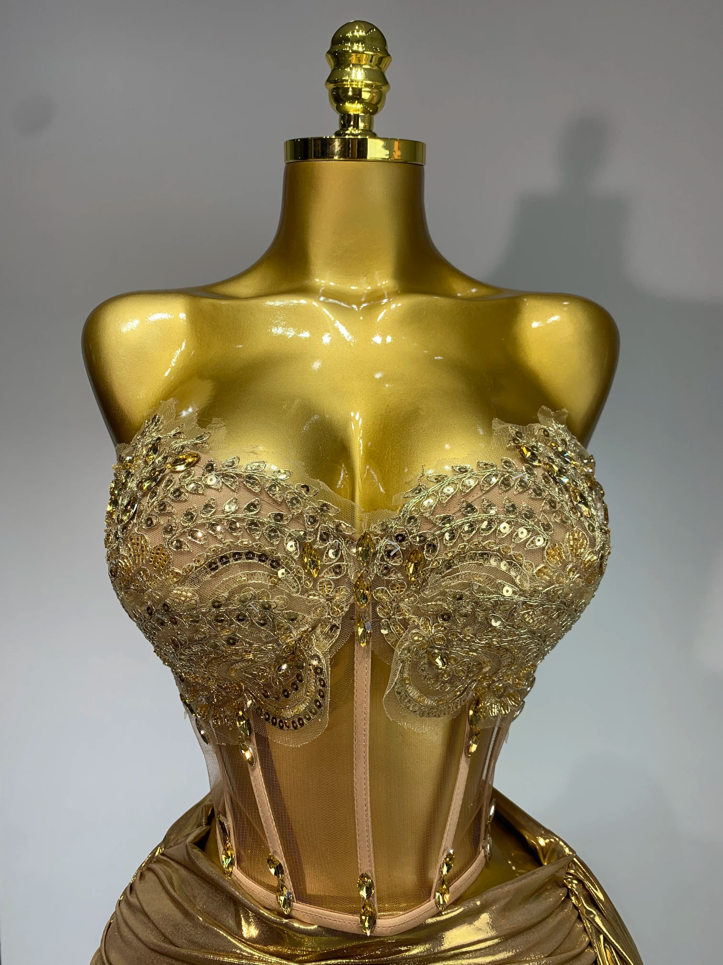 Women Sexy Strapless Sequins Rhinestone Gold Dress Glitter Top Two Pieces Sets Birthday Evening Party Club Singer Stage Outfit