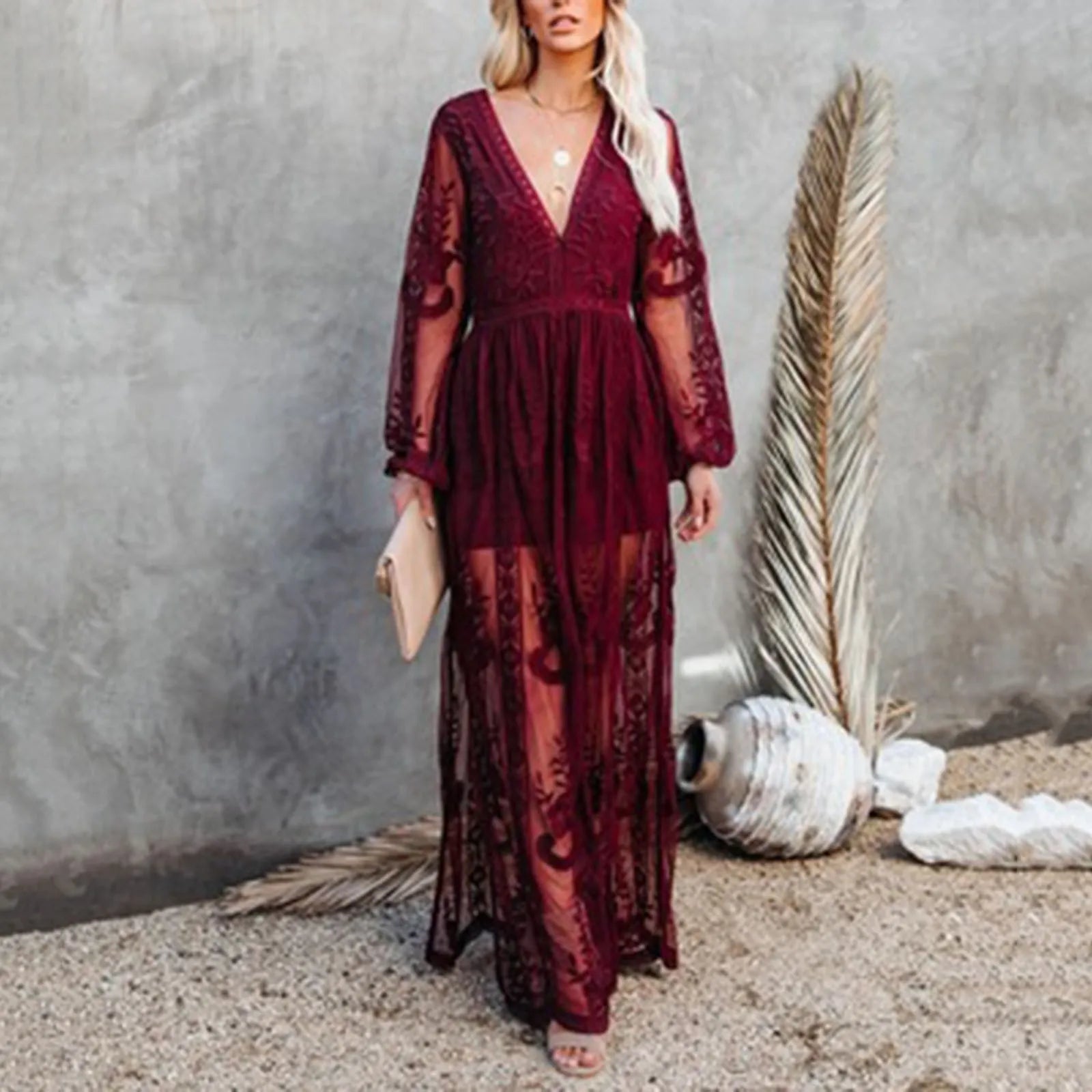 Long White Tunic dress Bikini Cover-ups Sexy Deep V-neck Slip Maxi Dress Summer Clothes Women Swimsuit Cover Up dress Red