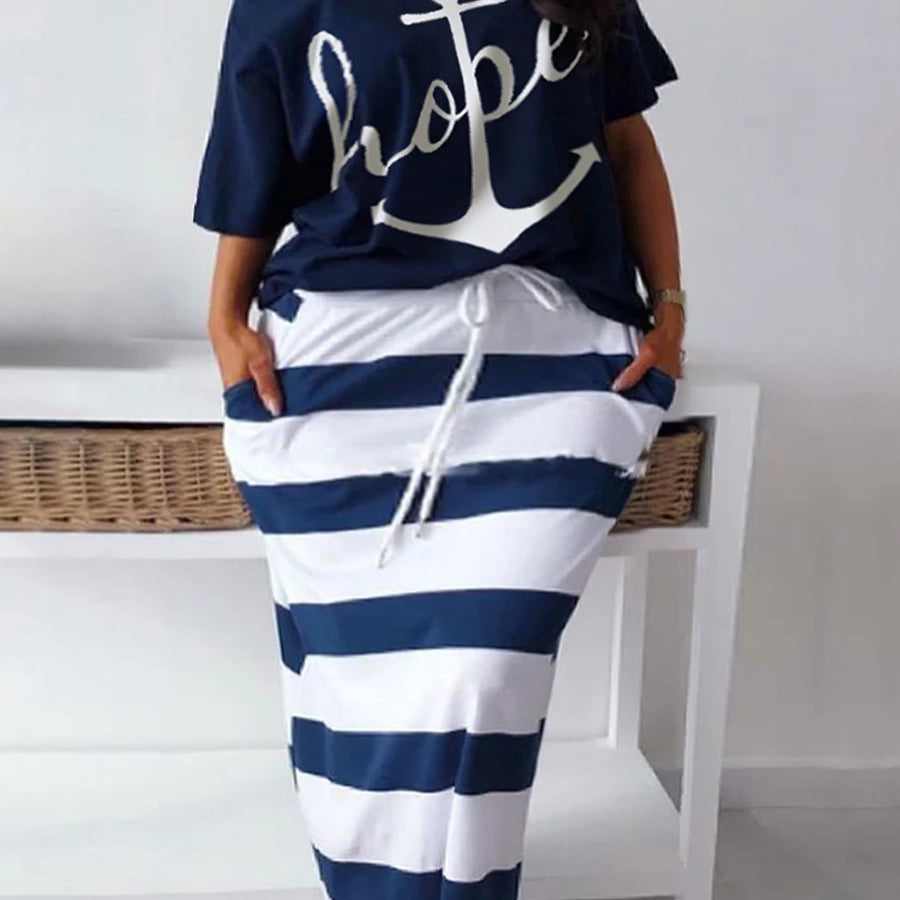 LW Plus Size matching sets Two Piece dress sets Letter Print Striped Skirt Set Fashion Casual Summer Tops+Bottoms Matching Outfi Beige
