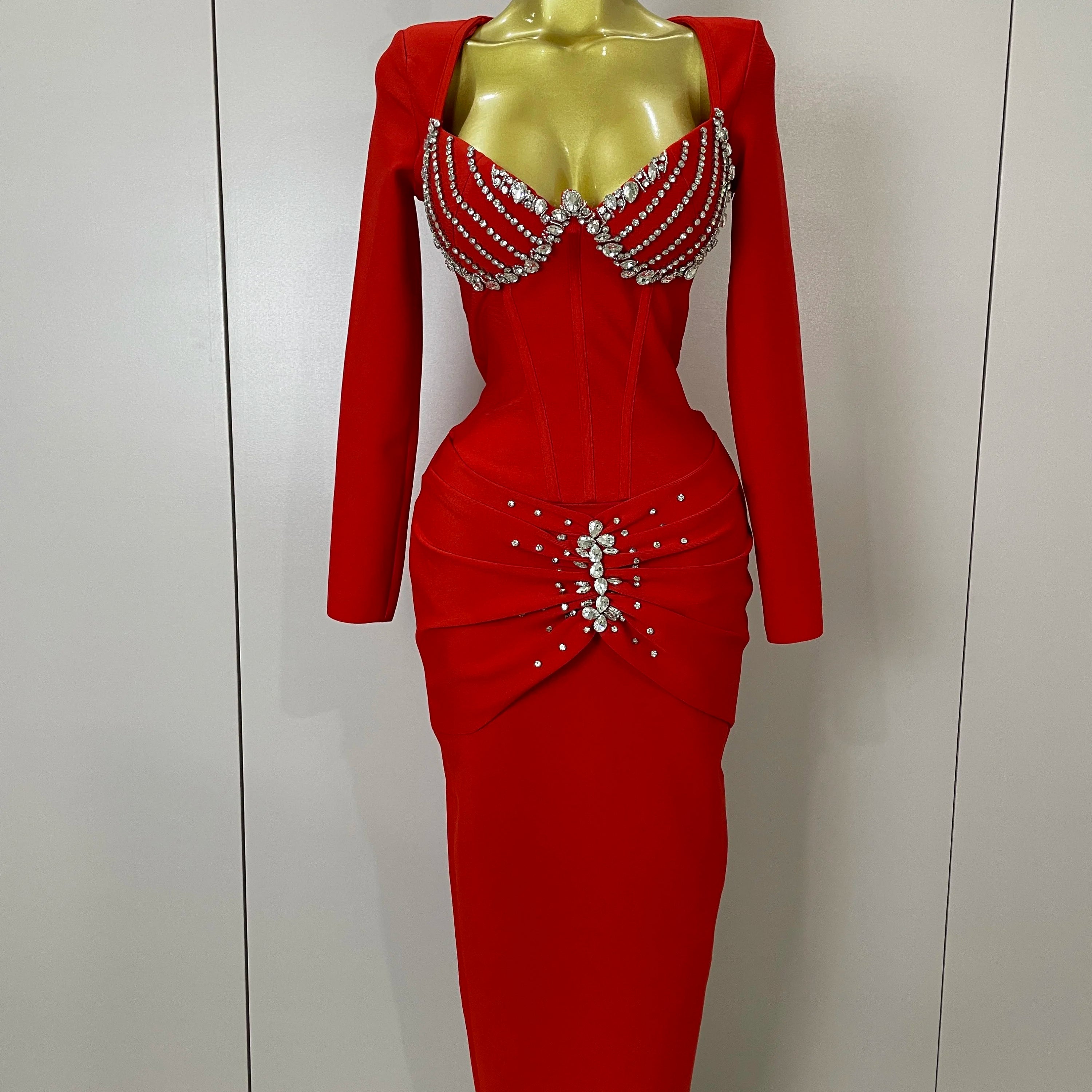 Sexy Luxury Sparkly Beading Bandage Long Sleeve Bodycon Dress 2025 New Women Celebrity Party Elegant Evening Club Pary Dresses Red