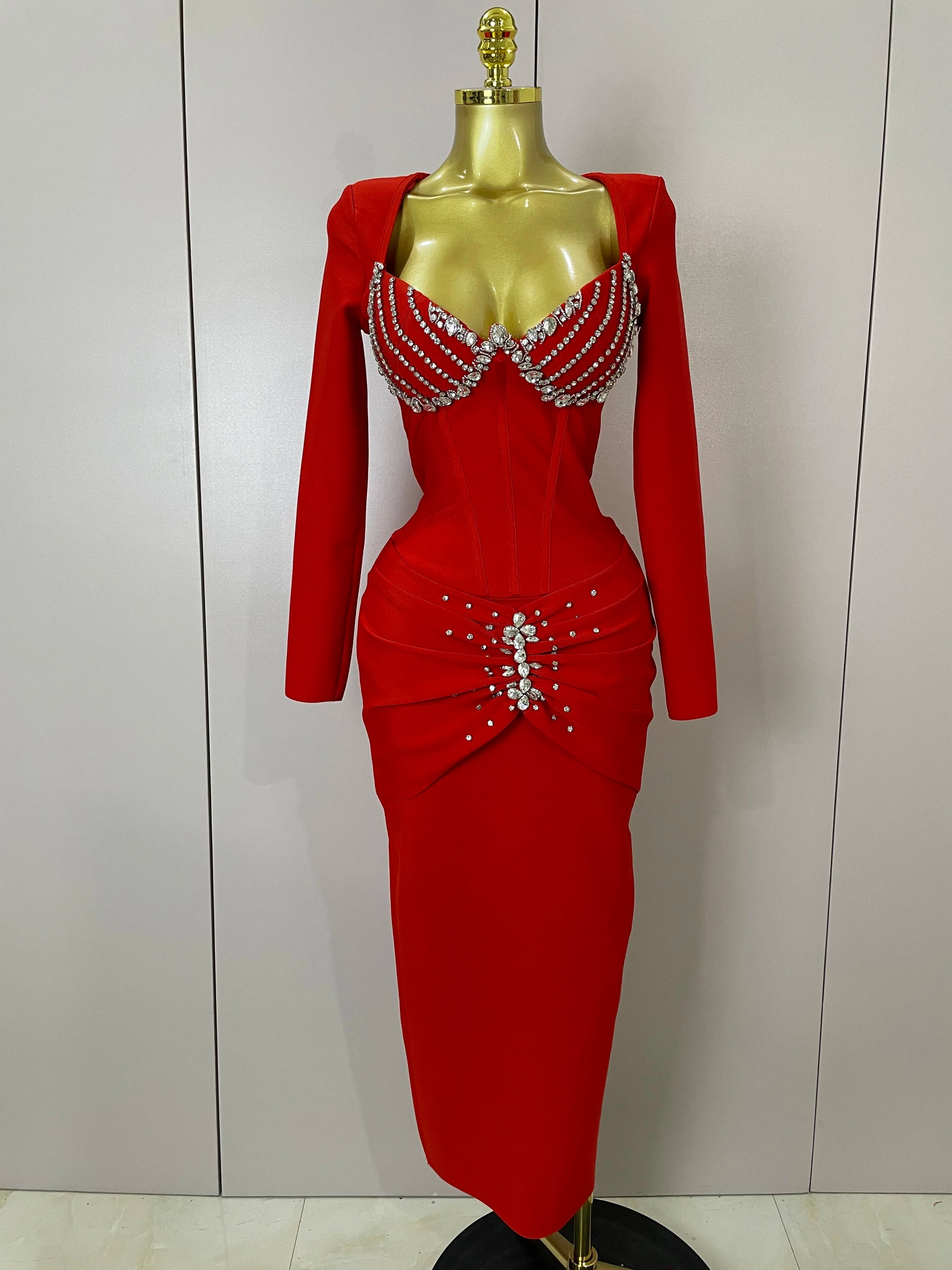 Sexy Luxury Sparkly Beading Bandage Long Sleeve Bodycon Dress 2025 New Women Celebrity Party Elegant Evening Club Pary Dresses Red
