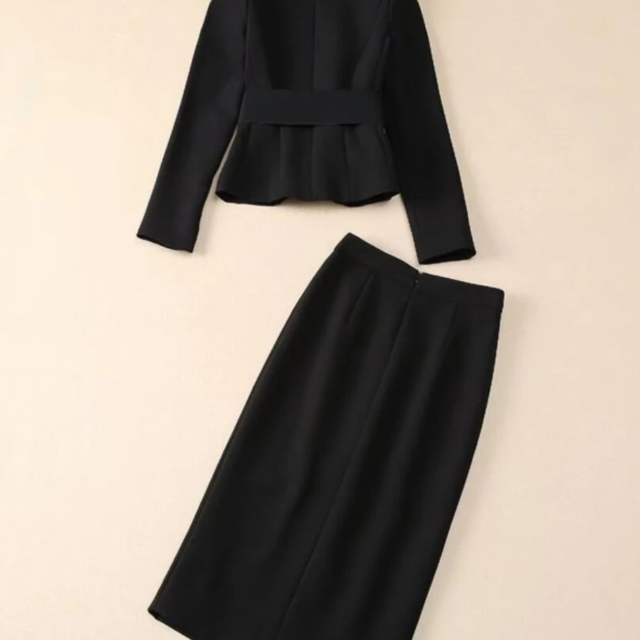 Solid Spliced Appliques Two Piece Sets for Women V Neck Long Sleeve Top High Waist Split Skirts Elegant Set Female