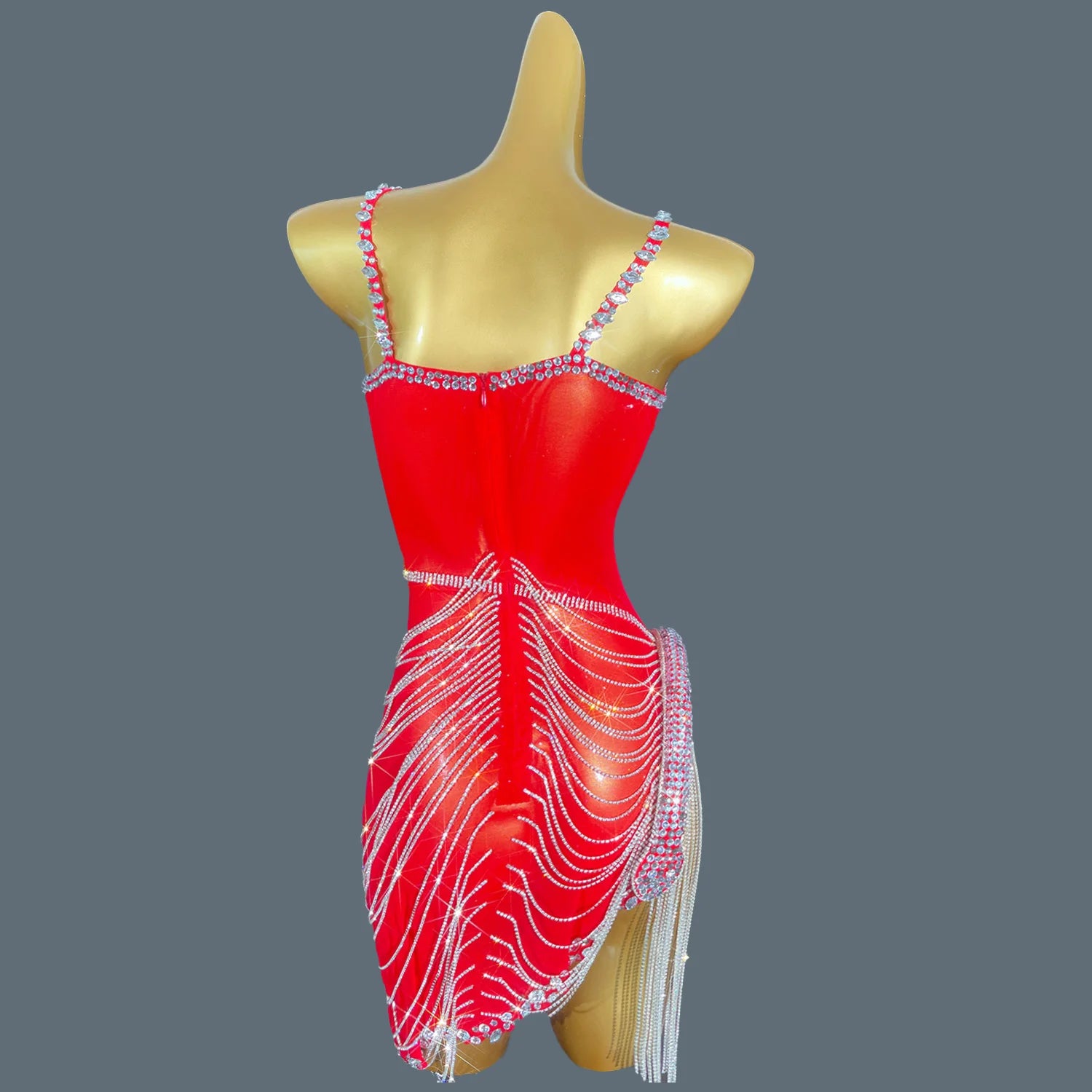 Women Shiny Red Crystal Chain Diamonds Dress Elastic Sexy Mini Night Club Performance Costume Birthday Party Dress Tassel Liehu