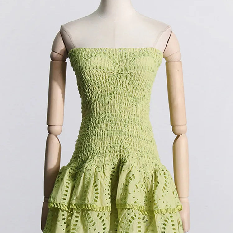 Women Print Strapless Mini Dress Sexy Slim Backless Sleeveless Ruffles High Waist Vestidos Summer Ladies Party Club Dress 2024 Green