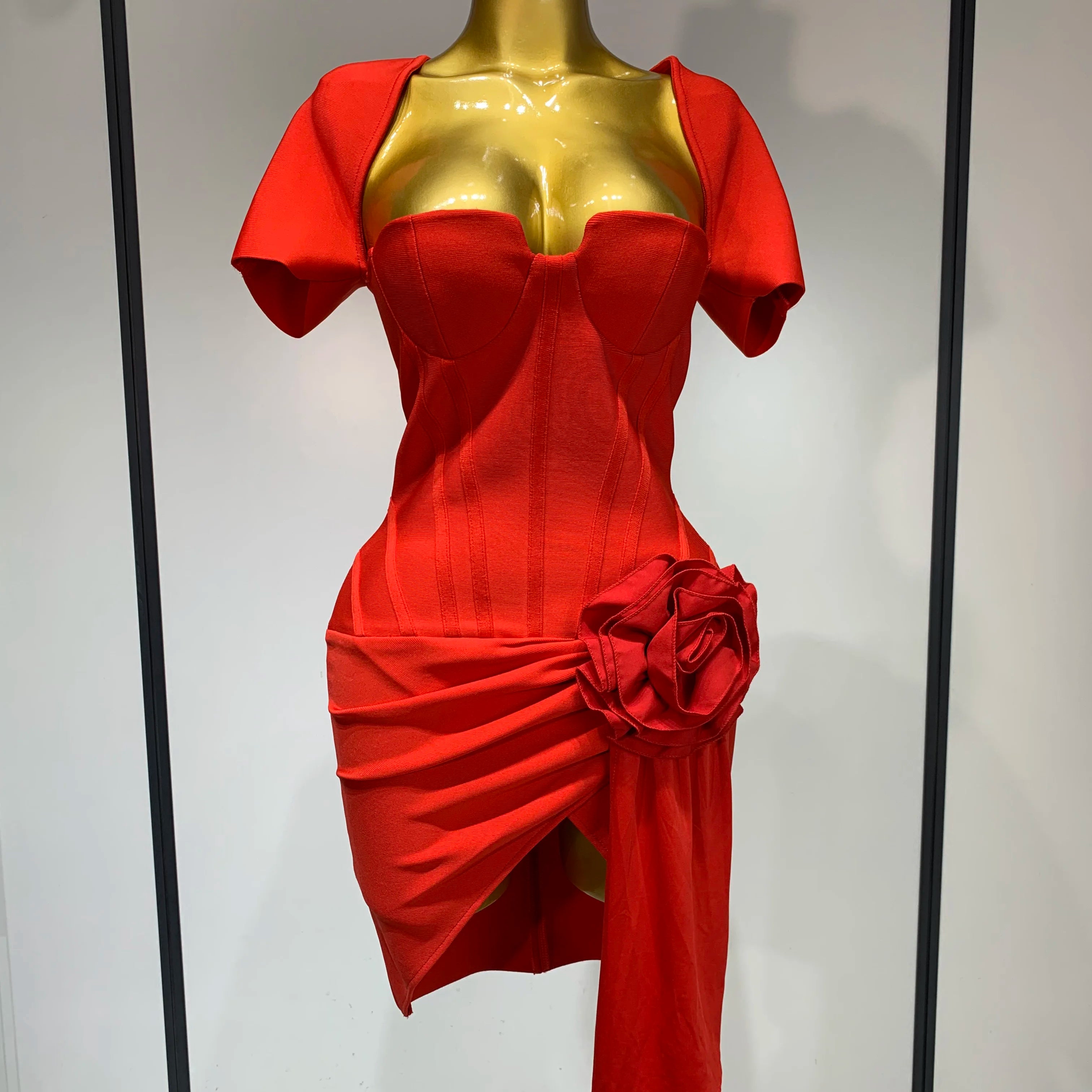 Women Sexy Short Sleeve Square Collar Bodycon Mini Bandage Dress Celebrity Red Carpet Dress Flower Luxury Birthday Outfit