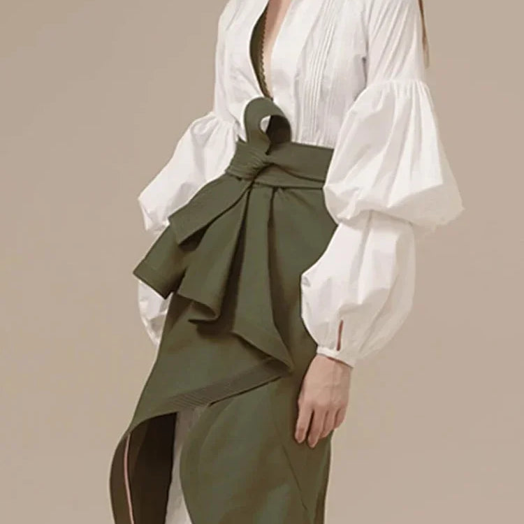 XITAO White Irregular Pleated Dress Women Clothes Spring New Stand Collar Puff Sleeve Personality Dress ZY3560