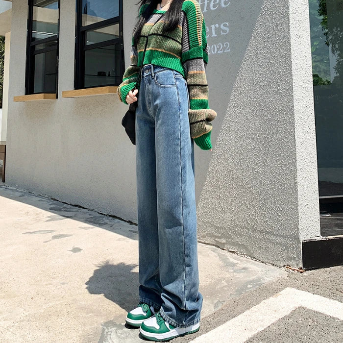 High Waisted Women Denim Jeans Straight Loose Daily Pants Fashion Brand Spring Summer Trousers All-match Ninth Length blue