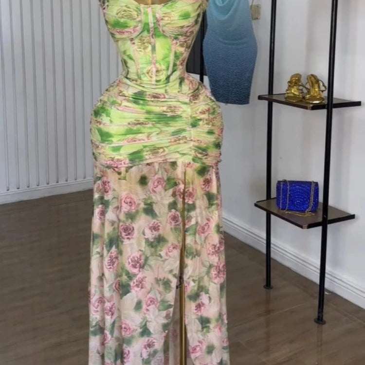 Women Sleeveless Floral Print Strap Stacked Ruched High Split Tunic Maxi Long Dress 2025 Birthday Vacation Beach Dresses