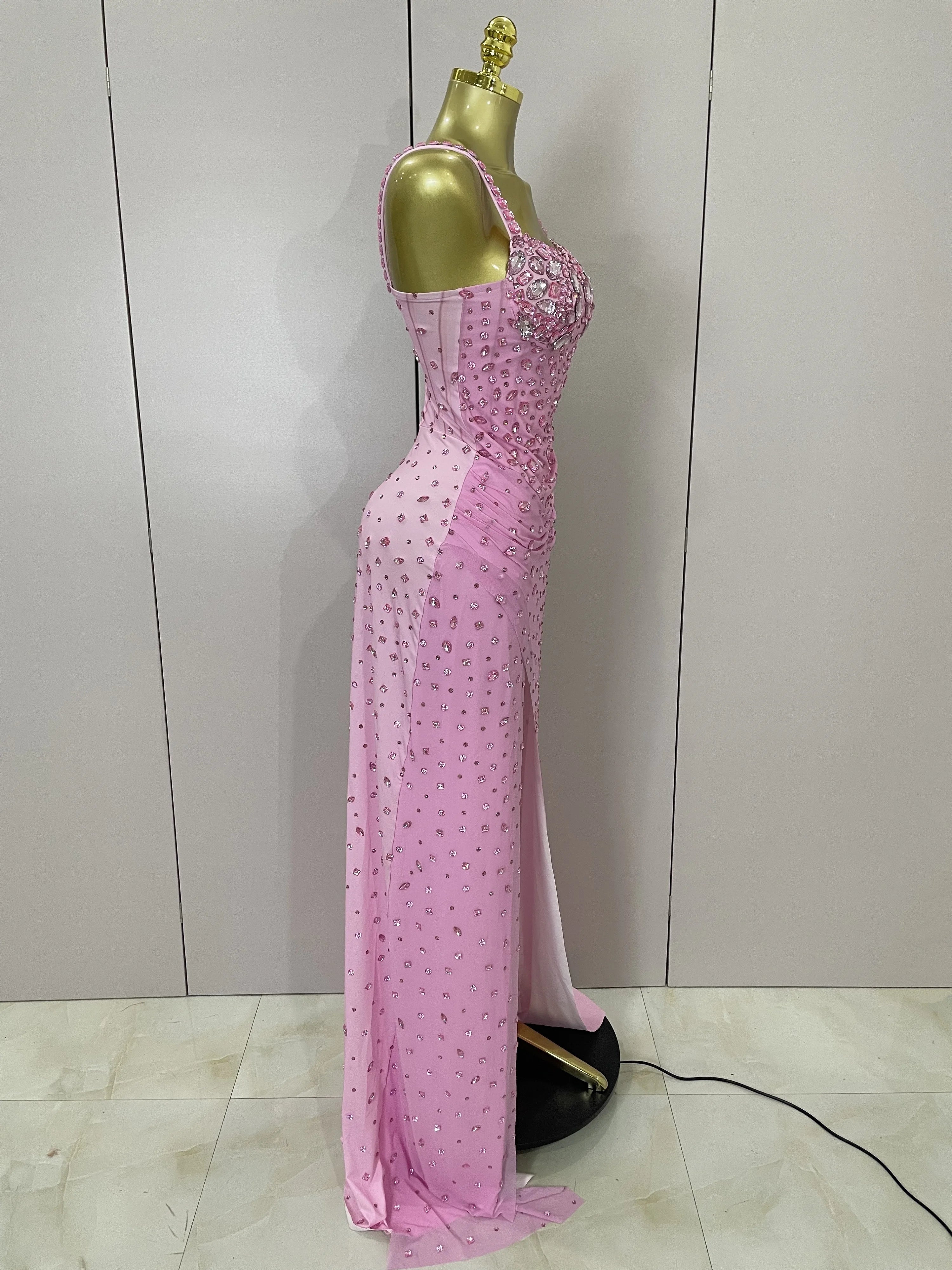 Luxury Pink Rhinestones Split Floor Length Dress 2025 Women Sexy Evening Celebrate Birthday Party Dress Photoshoot Stage Wear