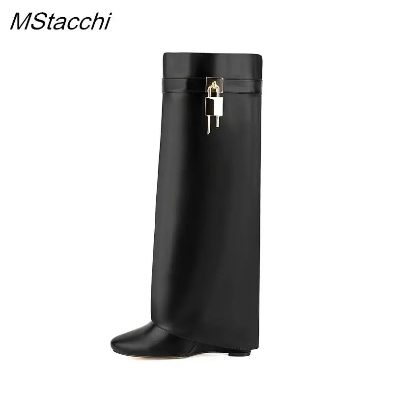 Lock Metal Buckle Women Knee High Boots Wedges Shoes For Woman Punk Style Round Toe Zipper Cowboy Boots Trend 2025 Female Shoes black