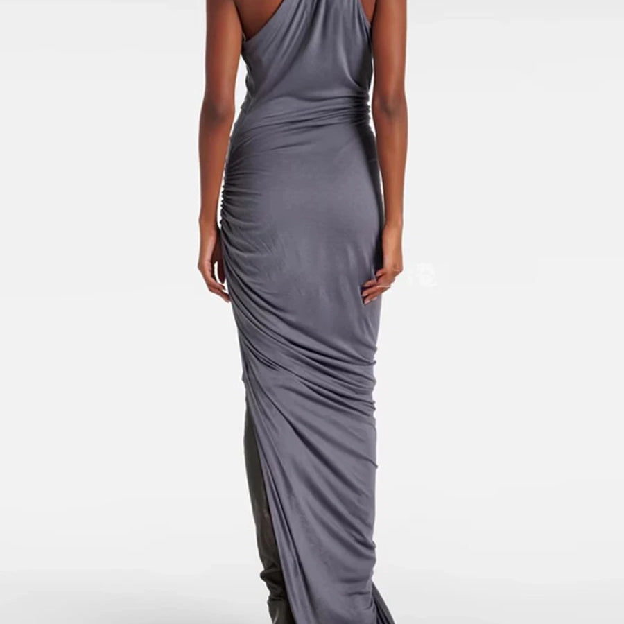 Solid Slimming Spliced Folds Irregular Dresses for Women Diagonal Collar Sleeveless Split Dress Femlae Clothing New