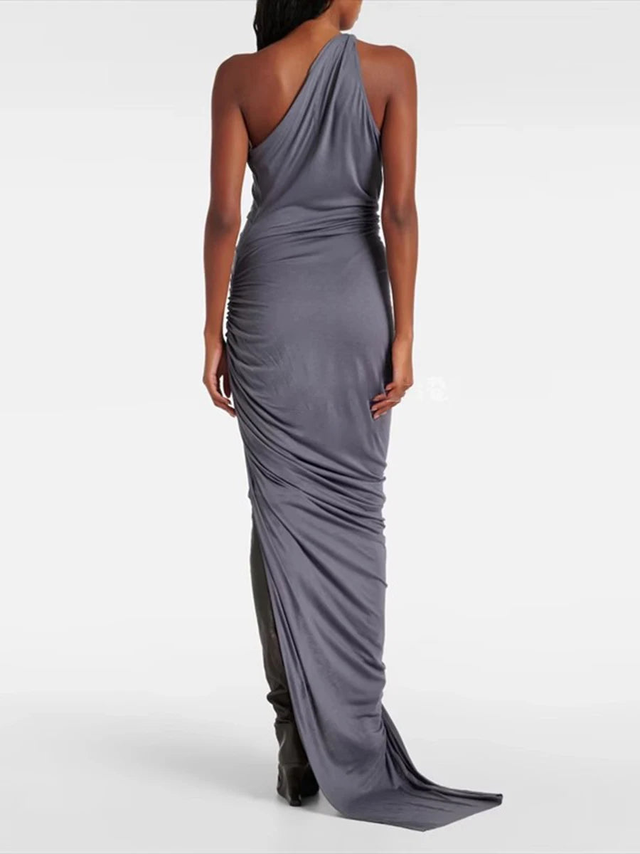 Solid Slimming Spliced Folds Irregular Dresses for Women Diagonal Collar Sleeveless Split Dress Femlae Clothing New