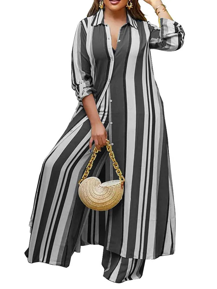 2 Piece Outfit Set Women Plus Size Matching Sets Long Shirt Top and Pants Sets Striped Casual Outfits 5xl Women Autumn Clothes black