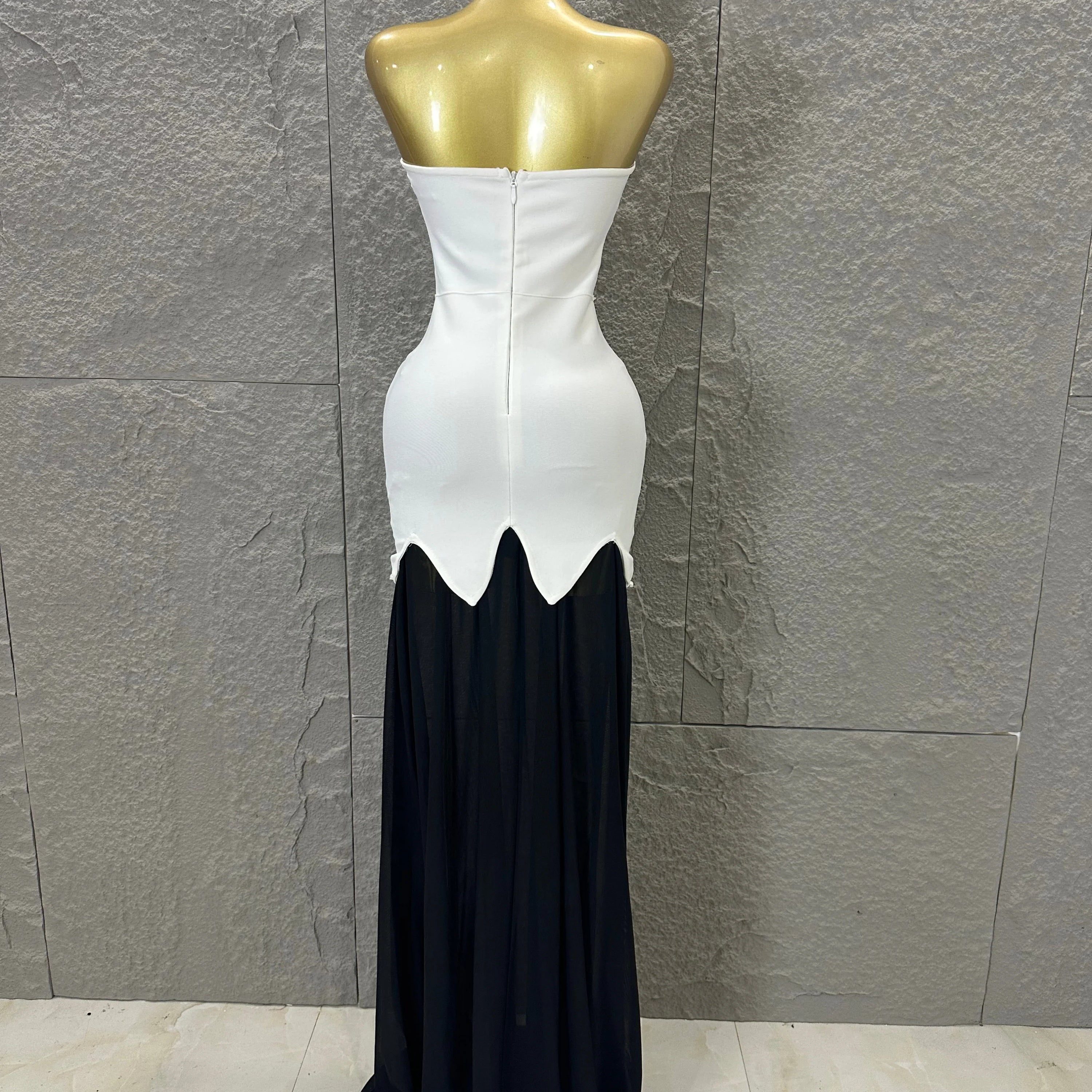 Sexy Black White Maxi Dress Women Sexy Strapless Pearl Embellished Sheer Tulle Bodycon Outfit Formal Event Evening Party Costume