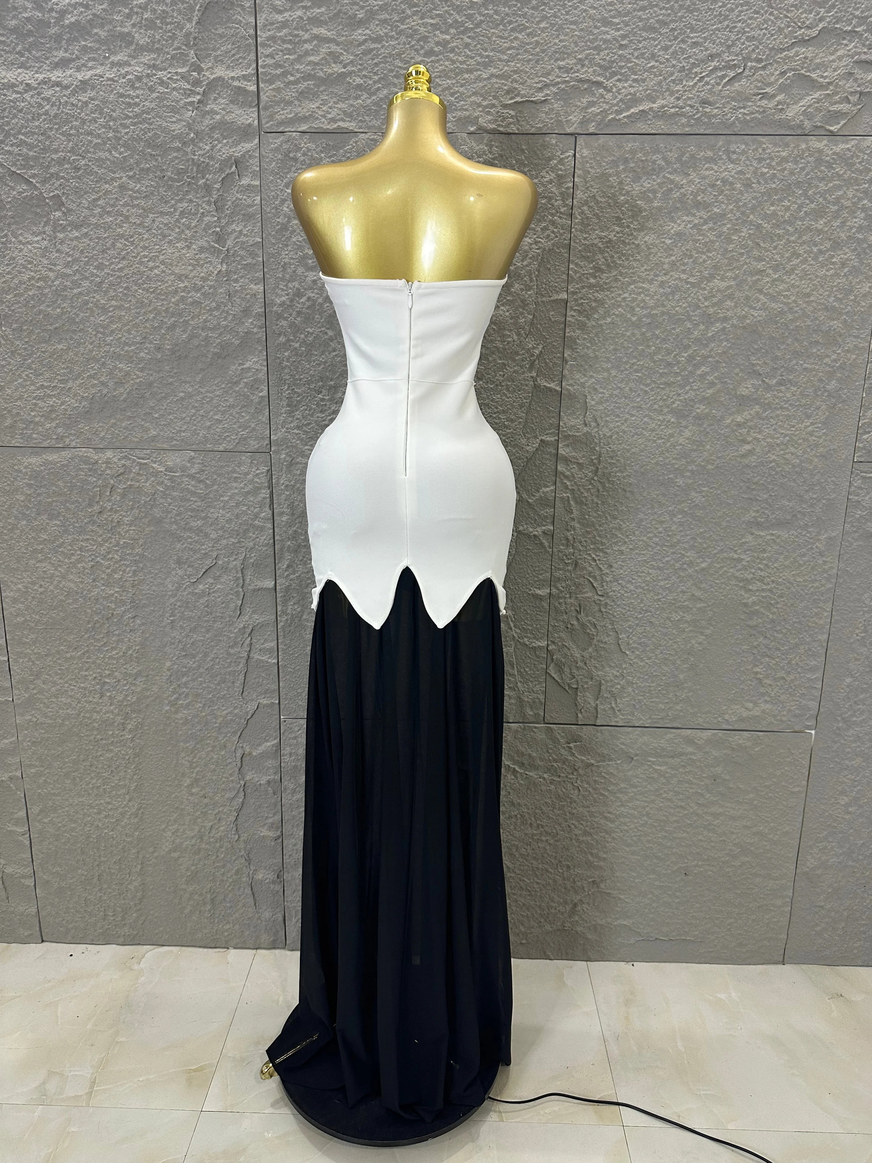 Sexy Black White Maxi Dress Women Sexy Strapless Pearl Embellished Sheer Tulle Bodycon Outfit Formal Event Evening Party Costume