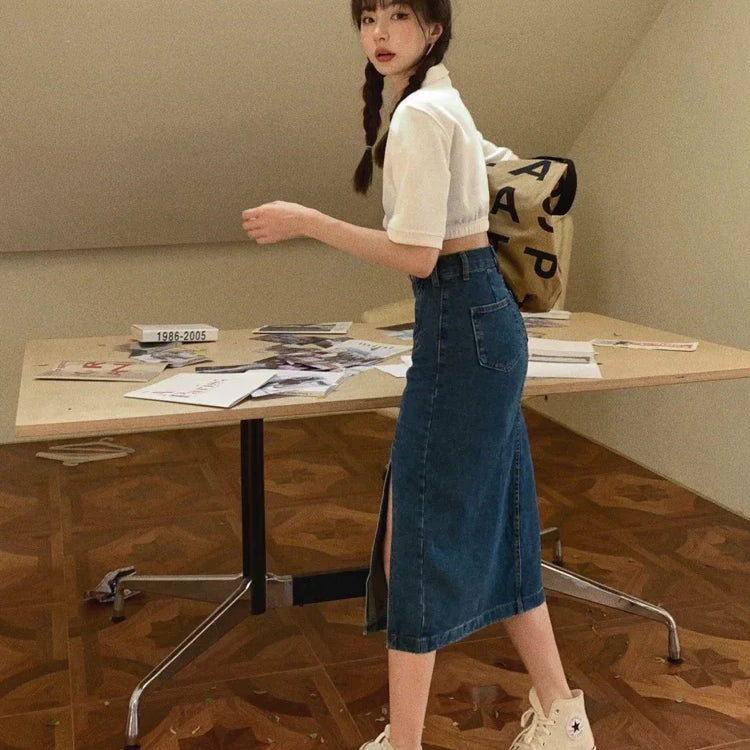 High Waist Slim Slit Buttocks Wrapped Denim Skirt Women All Reason Office Lady Casual Midi Jeans Skirts Female Cheap Wholesale
