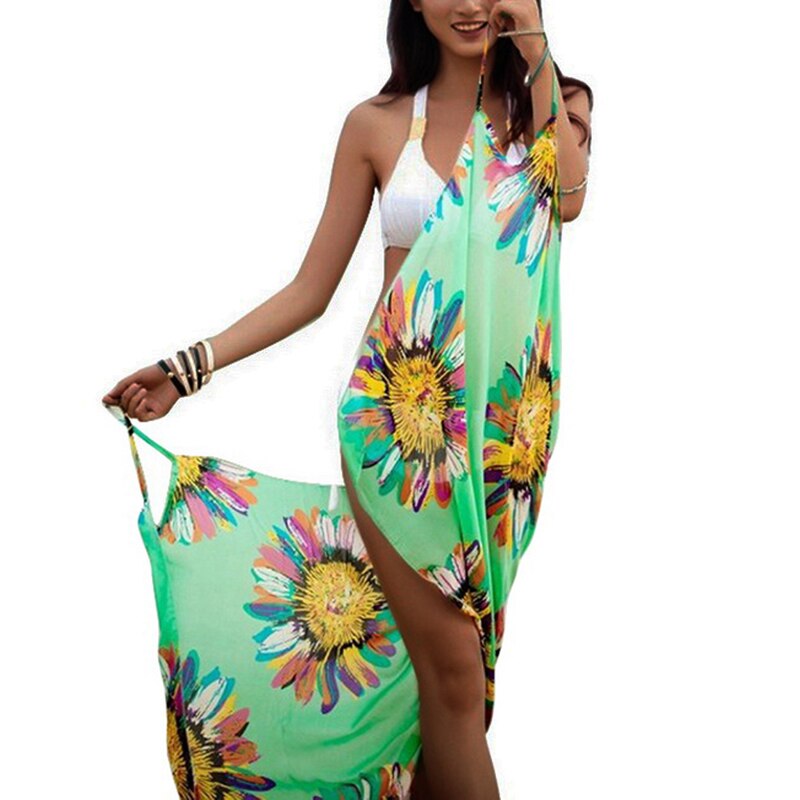 Printed Cover-ups Sexy Beach Dress Halter Sling Chiffon Beach Towel Bikini Wrap Pareo Skirts Open-Back Swimwear Color 2 One Size