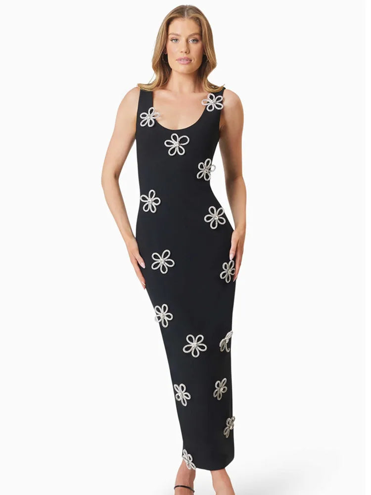 Women Celebrity Sexy Tank Sleeveless Diamonds Black Ankle Length Bodycon Bandage Dress 2025 Elegant Evening Club Party Outfit black