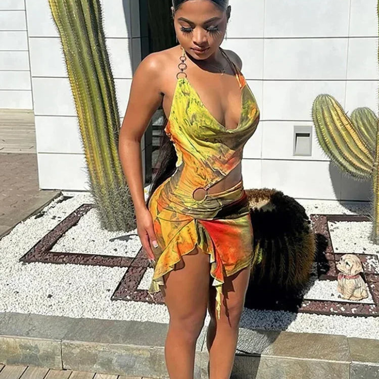 Sexy Printed Tie-dye Hollow Out Mini Dress Fashion Sleeveless Curling Edge Slim Fit Gown New Female Cocktail Party Vestidos 2025