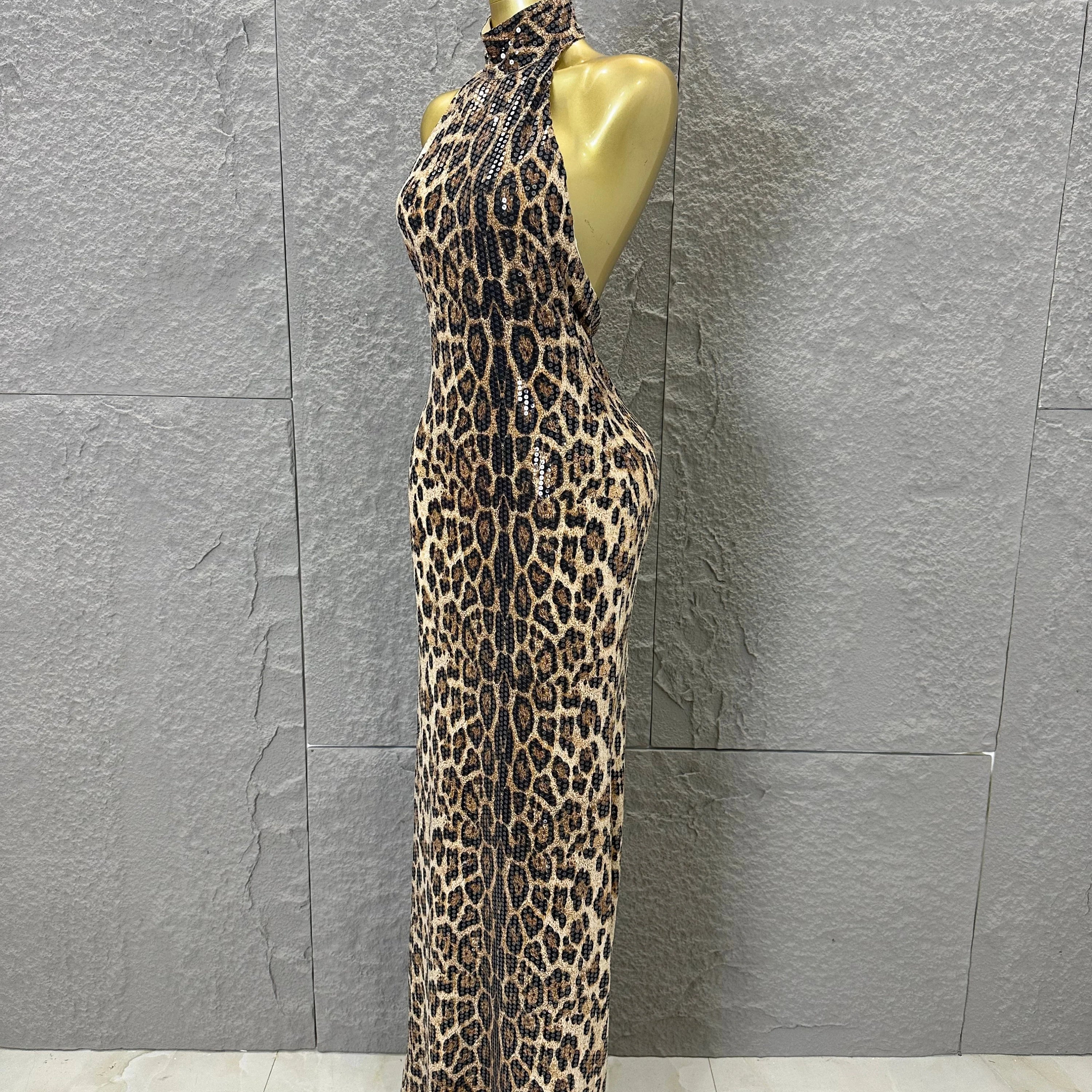 Refined Leopard Print Maxi Dress Women Sexy Halter Neck Sleeveless Sequin Embellished Bodycon Outfit Nightclub Party Costume