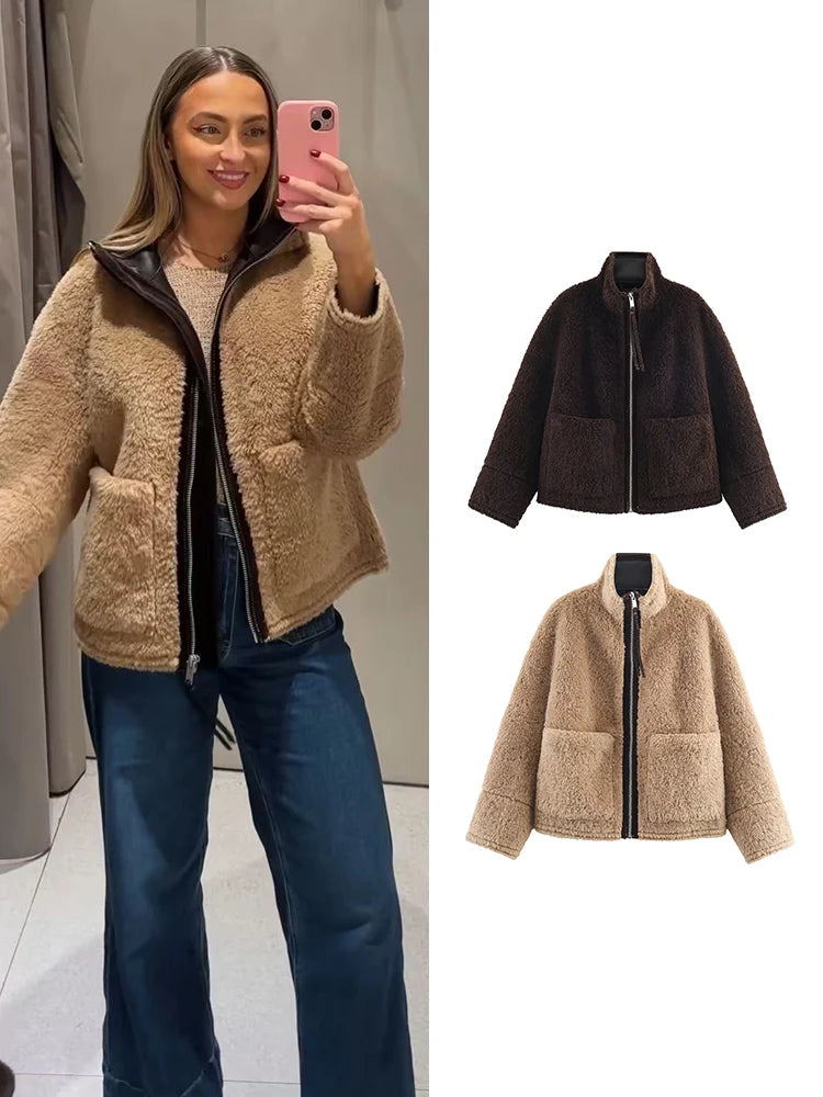 TFMLN Winter Women's Warm Leather Lamb Fur Splicing Jackets Chic Stand Collar Large Pockets Zipper Casual Fur Street Outerwear
