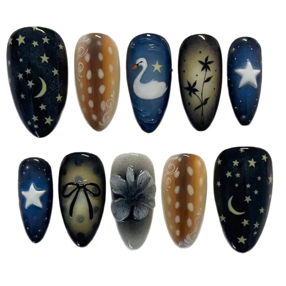 24pcs Gradient Black False Nails Yellow Star Moon Swan Pattern Press On Nails Sweet Cool Bowknots Flower Fake Nail Y2k Manicure