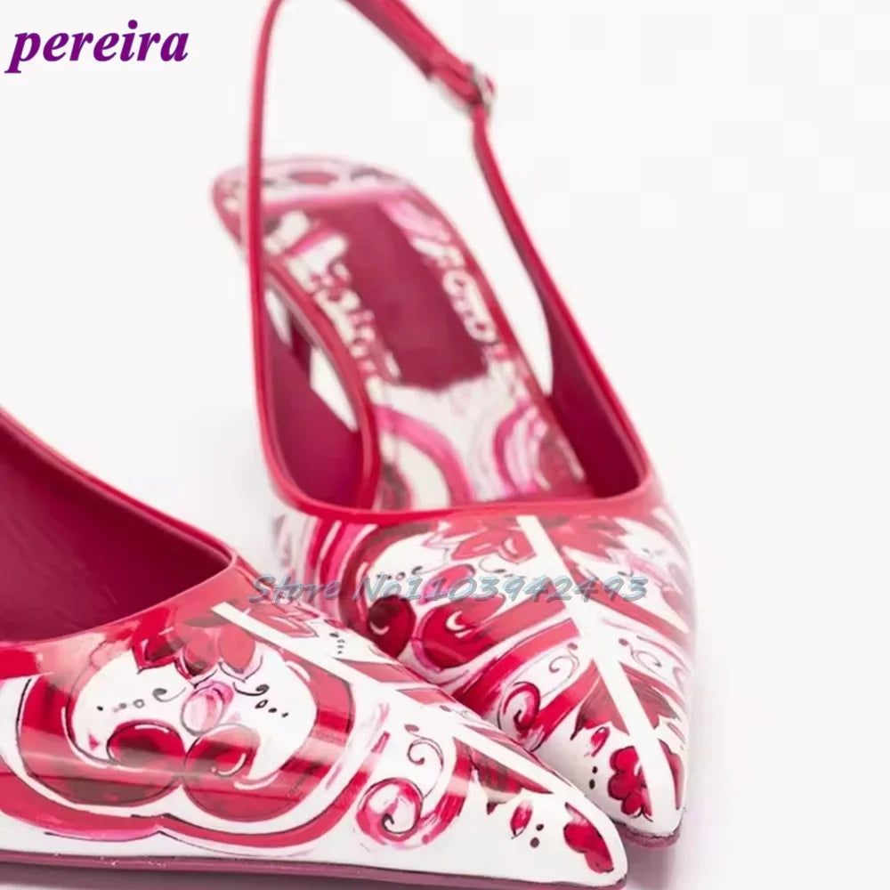 Red Mixed Color Sandals Women Luxury Designer Pointed Toe High Heels 6CM Back Strap Lambskin Buckle Strap Summer Prints Shoes