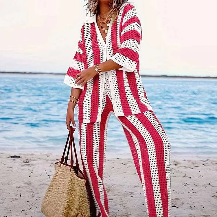 Summer Outfits for Women Vacation Hollow Out Sweater Shirt and Trouser Lady Casual Sexy Plus Size Sets 2 Piece Pants Sets Wide