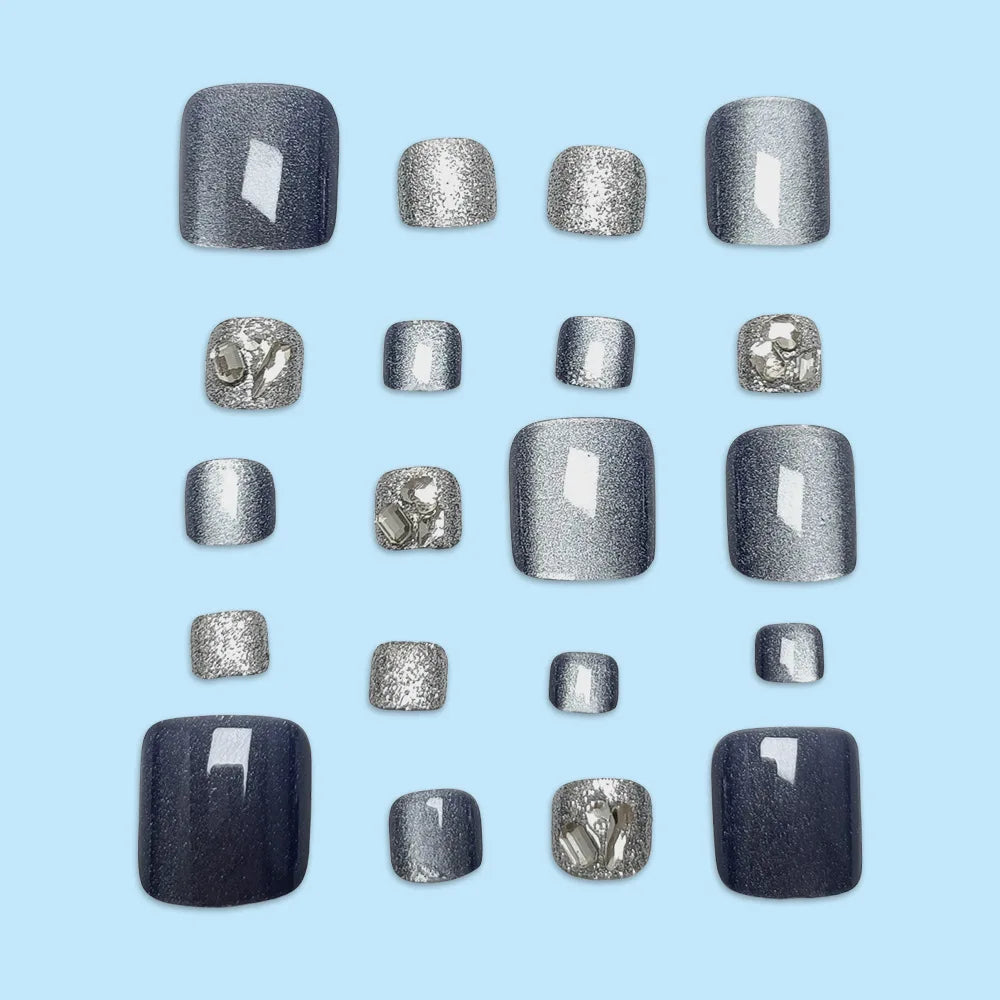 24pcs Blue Cat Eye False Toenails shiny Rhinestone Decor Fake Toenails Wearable Reusable Fashion Korean Press on Toenails