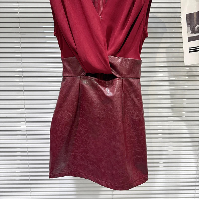 Winter New Fashion V-neck Twist Spliced PU Leather Design Vest Dresses For Women Evening Party Slim Fit Dress 11A07738