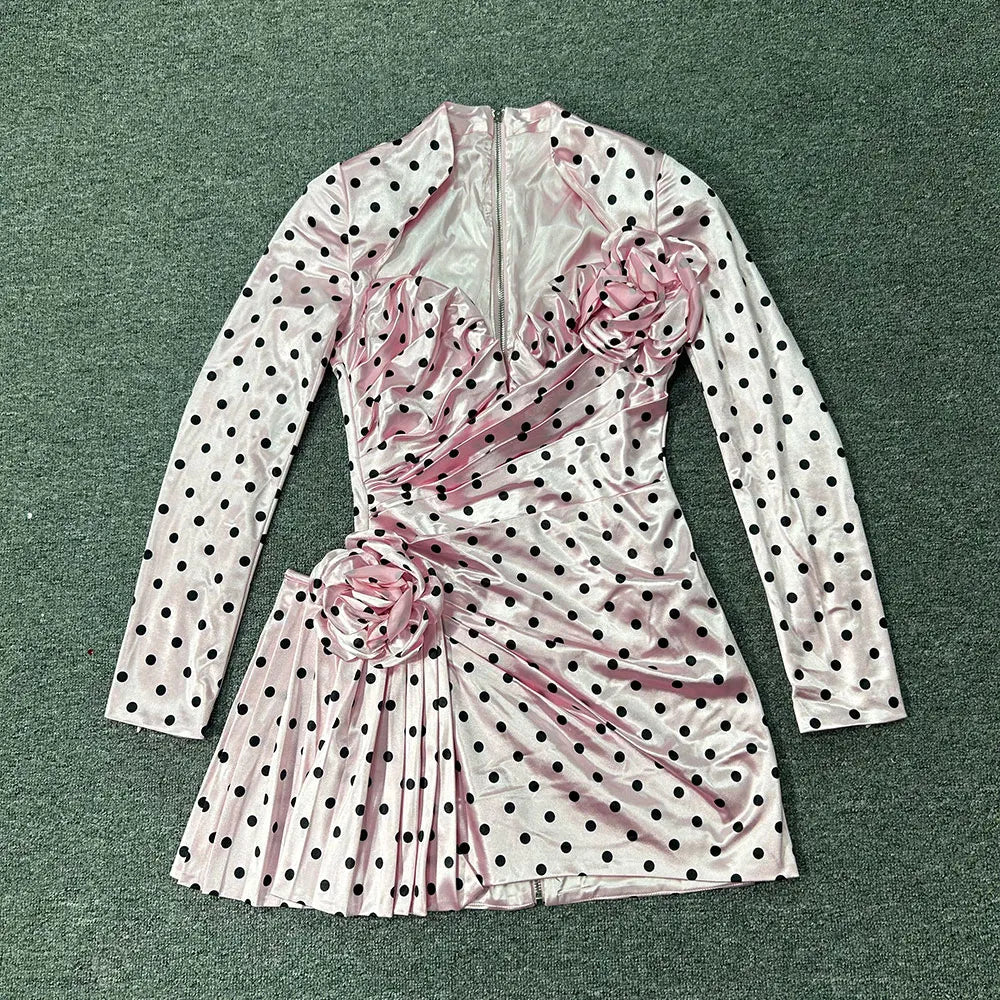 2025 Sexy Women'S Three-Dimensional Flower Patchwork Polka Dot Dress V-Neck Long Sleeved Draped Bodycon Pink Mini Dress Vestidos