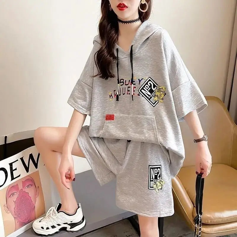 Women's Casual Suit 2025 Summer New Large Cotton Hooded Short-Sleeved Tops And Shorts Two Piece Set Household Plus Size Clothing Gray