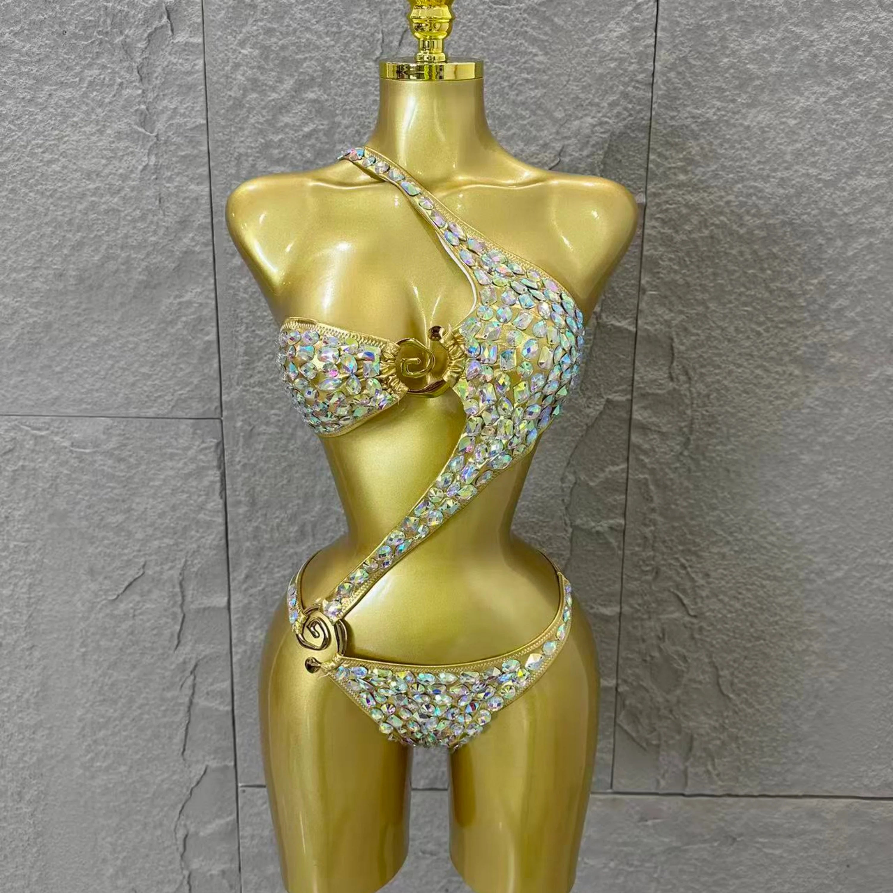 Women Sexy Halter Neck Iridescent Crystal Embellished Cutout Outfit Stage Performance Costume 2026 Luxurious Black Bodysuit Gold