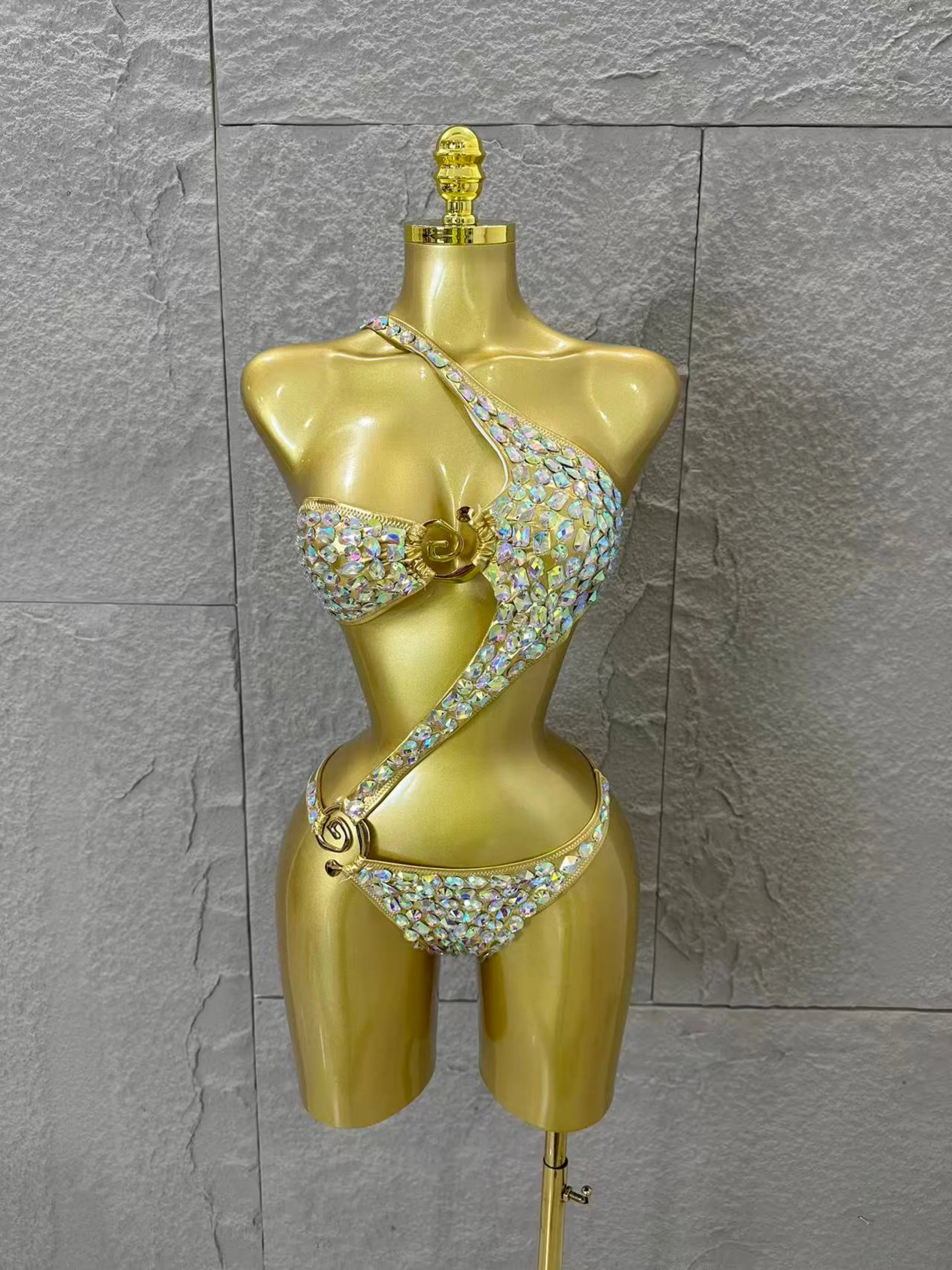 Women Sexy Halter Neck Iridescent Crystal Embellished Cutout Outfit Stage Performance Costume 2026 Luxurious Black Bodysuit Gold