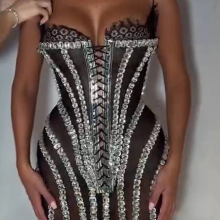 Glamorous Black Lace Adorned Strappy Corset Mini Dress with Sparkling Crystals Evening Gown