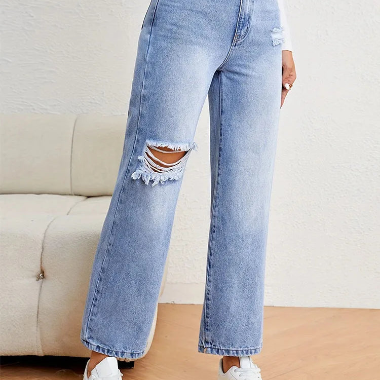 Denimcolab Women's Loose High Waist Jeans Cotton Denim With Holes Straight Leg Pants Ladies Casual Simple Solid Denim Trousers