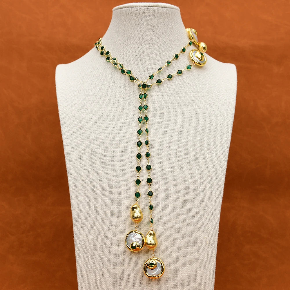 GG 46" Natural Cultured White Coin Pearl Green Crystal Paved Brushed Bead Long sweater chain Necklace