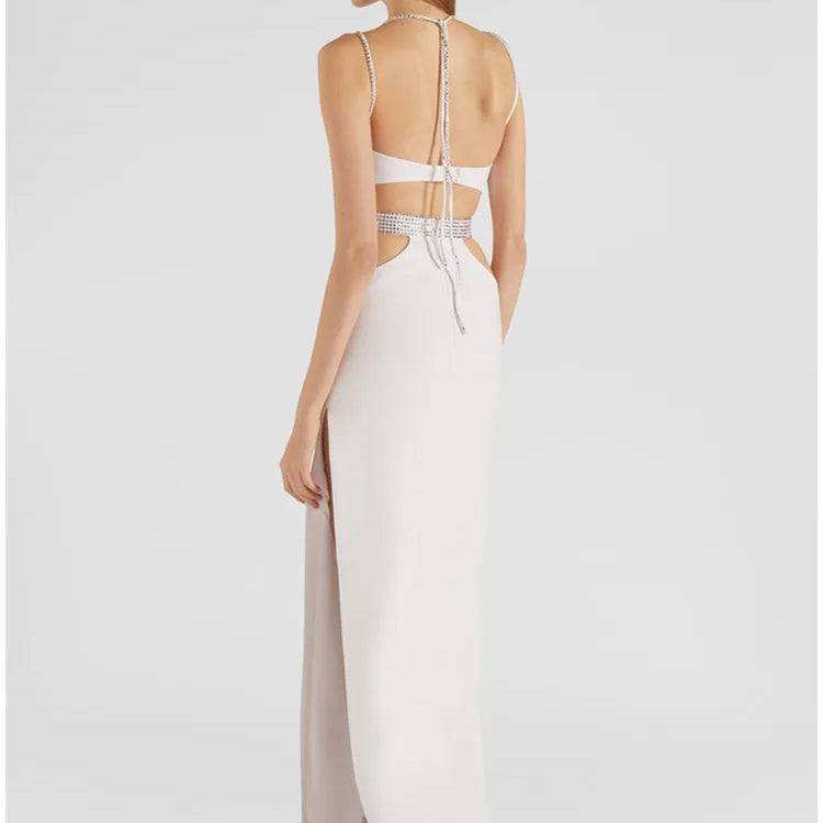 Women Luxury Sexy V Neck Cut Out Diamonds Crystal White Maxi Long Bandage Dress Celebrity Elegant Evening Party Club Dress