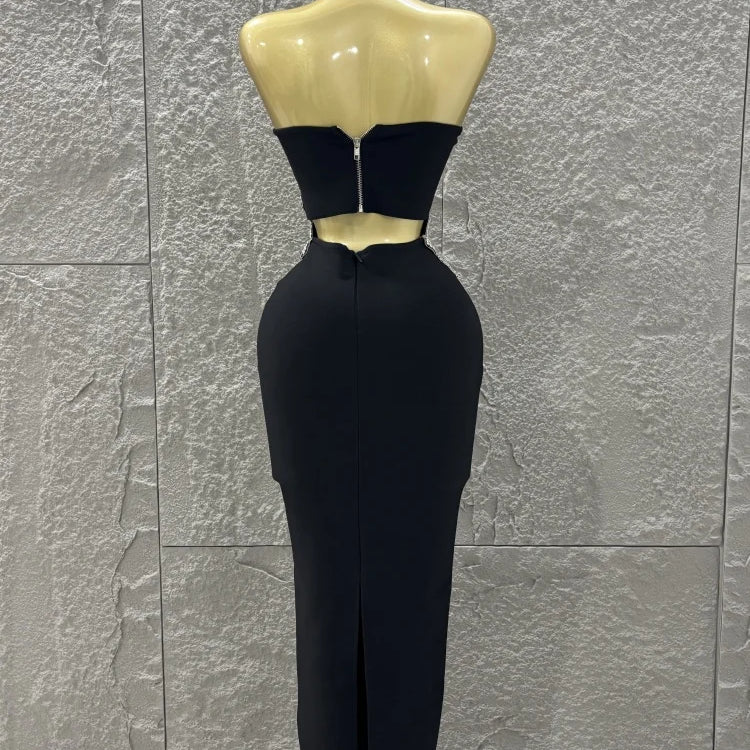 Black Color Women Shinning Diamond Flowers Sexy 2 Pieces Bodycon Long Bandage Dress Nightclub Party Celebrate Birthday Outfit