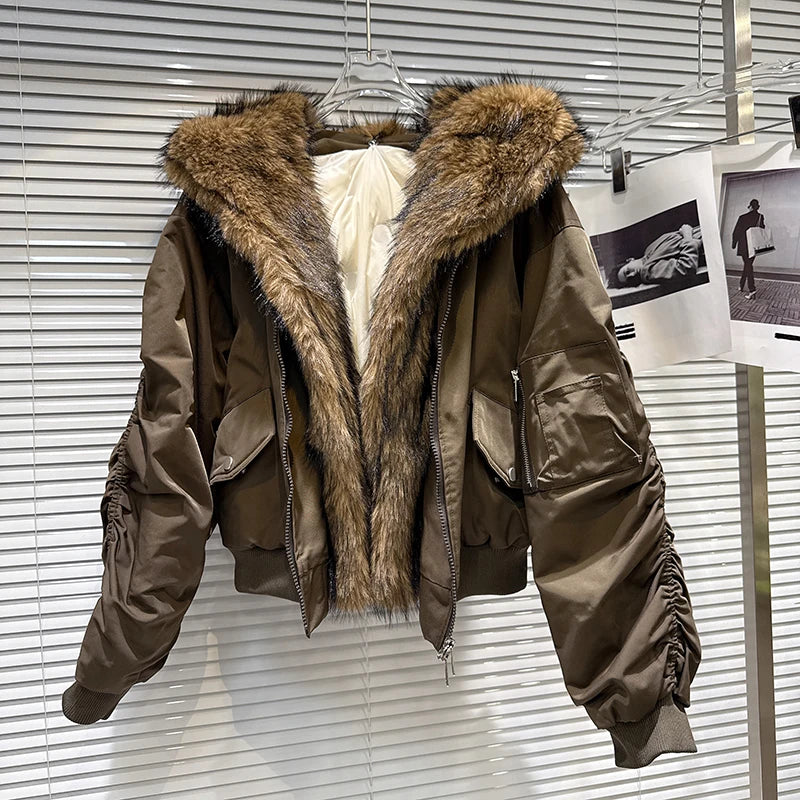 Winter New Fashion Furry Patchwork Motorcycle Cotton-padded Jacket For Women Hooded Zipper Warm Coat Female 11A07604 Brown One Size