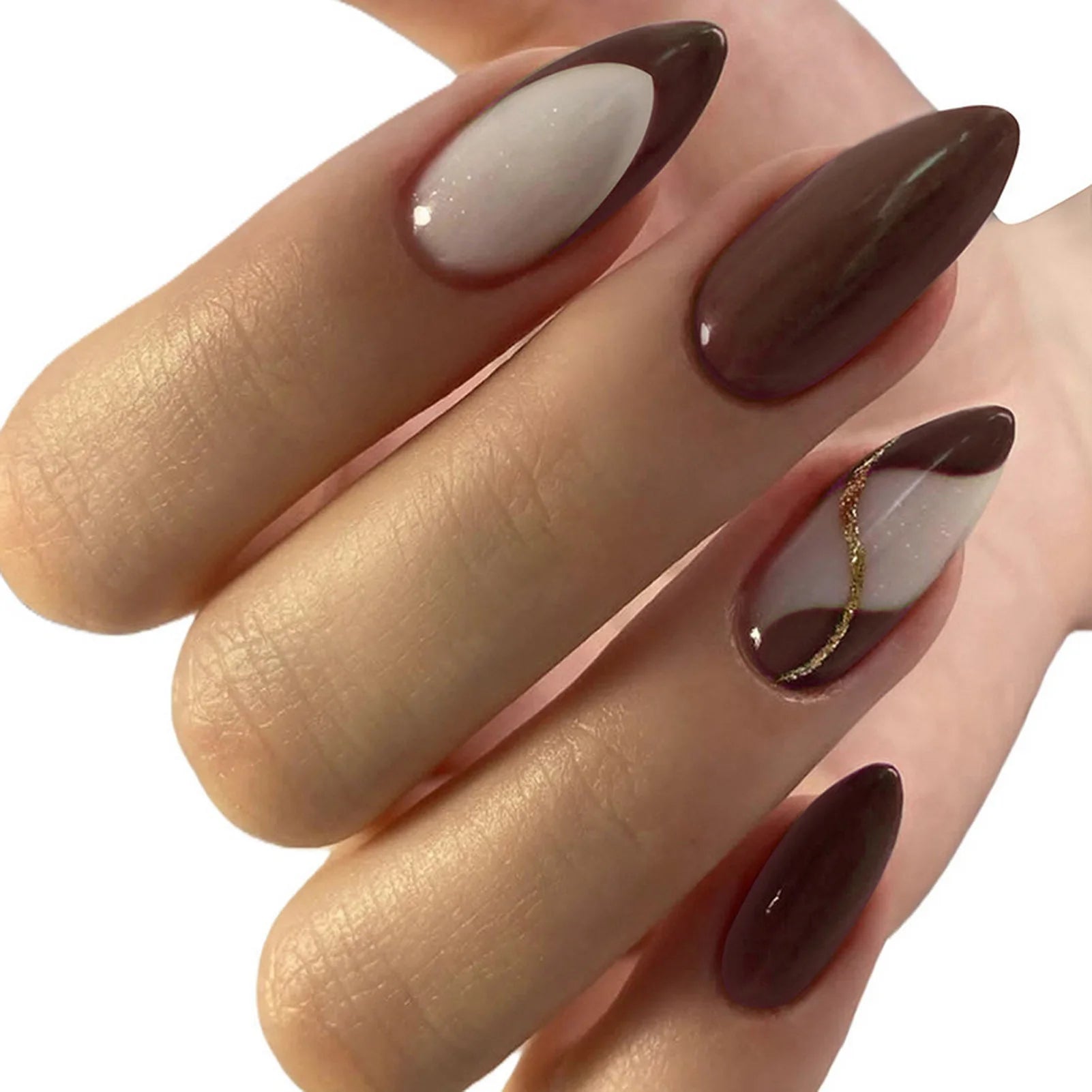 24Pcs Almond Fake Nails Women Girls New Year Party Press On Nails Red/Brown/Orange French False Nails DIY Charm Manicure Y 2