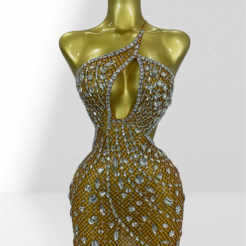 Sparkling Diamonds Sexy Hollow Out Blackless Mesh See Through Mini Dress Fashion Woman Evening Party Dress Birthday Party Outfit