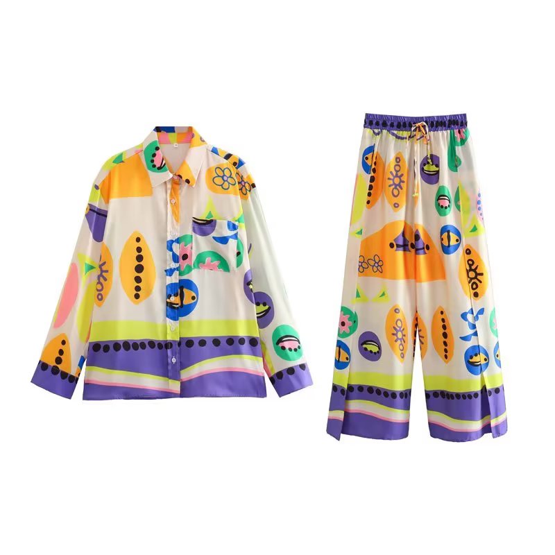 Woman Shirts Pants Sets 2024 New Summer Geometric Print Loose Long sleeved Shirts Fashion Elastic Waist Wide Leg Pants Outfits 2 piece sets-Multi