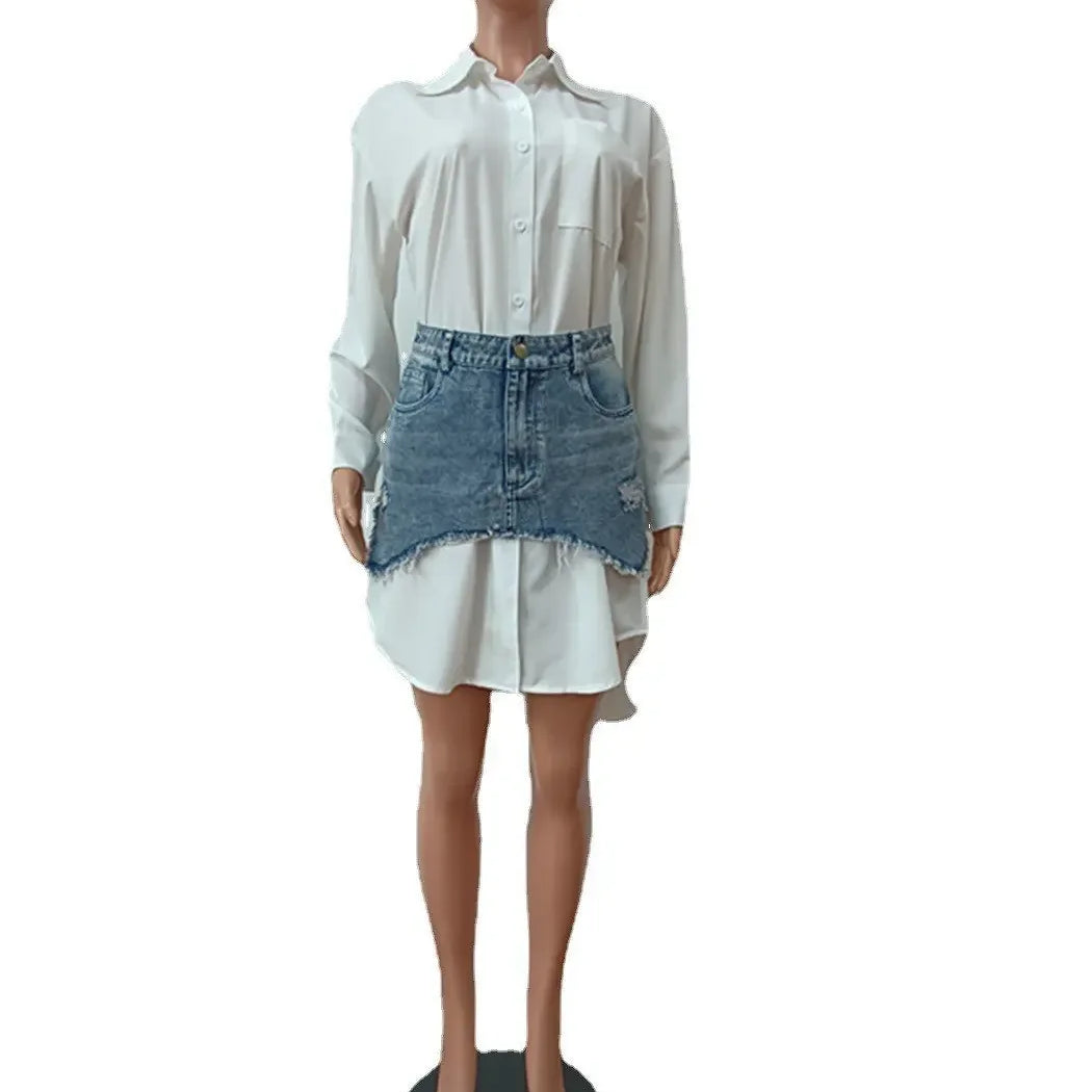 Vintage Women Long Sleeve Turn-down Collar Shirt Blouse Style Dress with Denim Jean Irregular Mini Skirt Two 2 Piece Set