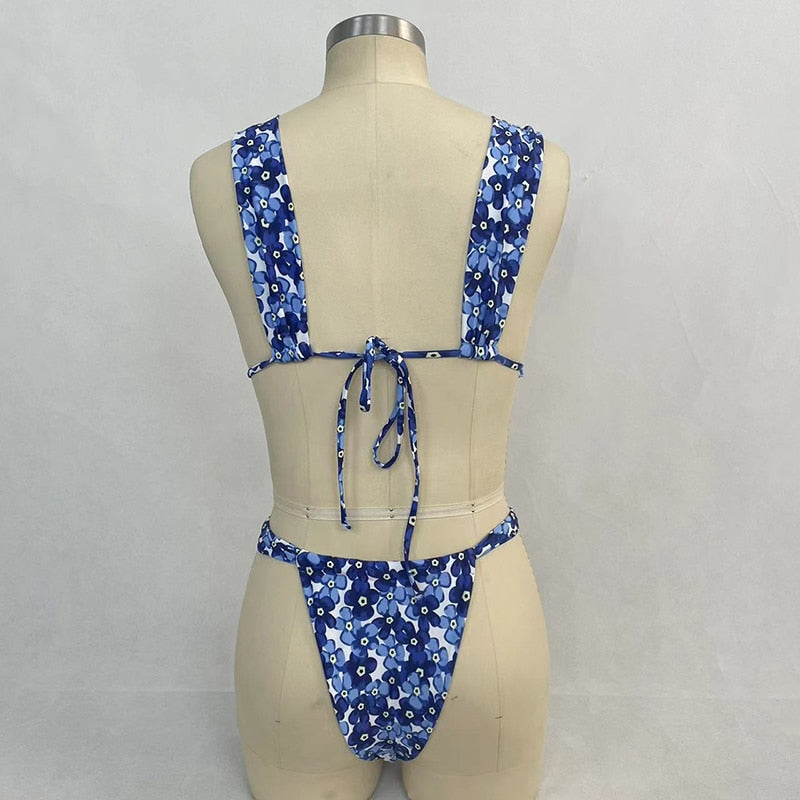 Sexy Bikini Two Piece Set blue print Lace Up Backless Low Waist Triangle Bathing Suit Beachwear For Female