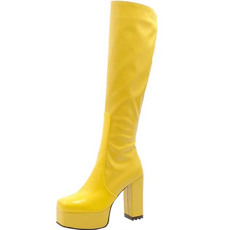SIMLOVEYO Platform Knee High Boots Toe Block Heels Rubber Size 34-43 Black White Blue S2729 Yellow