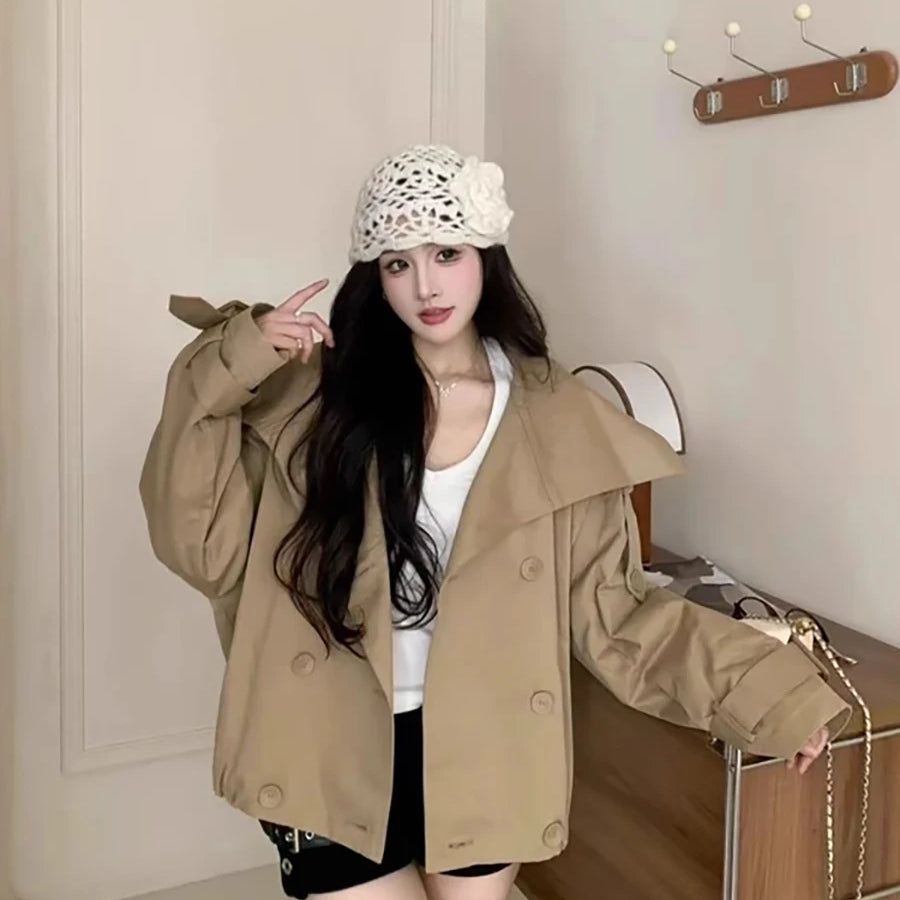Lautaro Autumn Cool Short Oversized Khaki Jacket Coat Women Stand Collar Double Breasted Loose Casual Korean Fashion Clothes