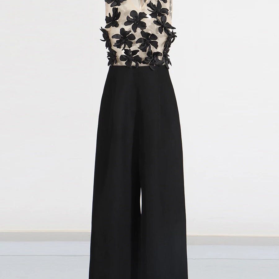 Solid Slimming Spliced Appliques Jumpsuits for Women V Neck Sleeveless High Waist Elegant Jumpsuit Female Fashion BLACK