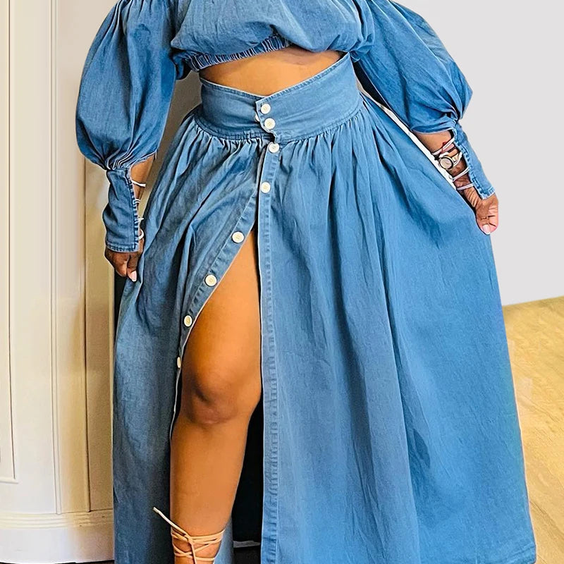 Women Denim Two Piece Set Plus Size Split Hem Off the Shoulder Elegant Puff Sleeve Elastic Top and High Waist Skirt Set Outfits Blue